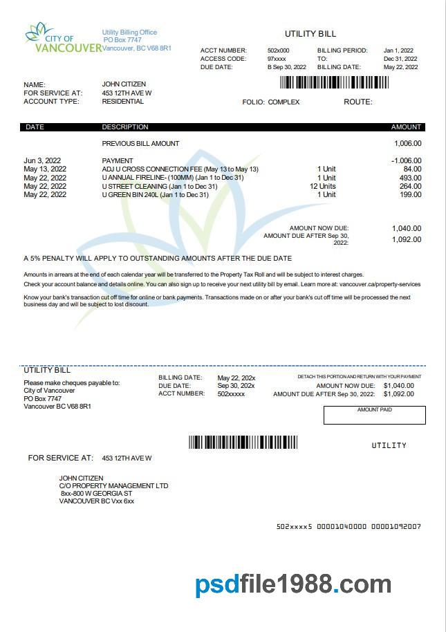 Canada British Columbia City of Vancouver Utility Bill